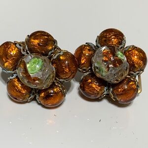 Vintage Made in Italy Amber Glass Flower Clip-On Earrings